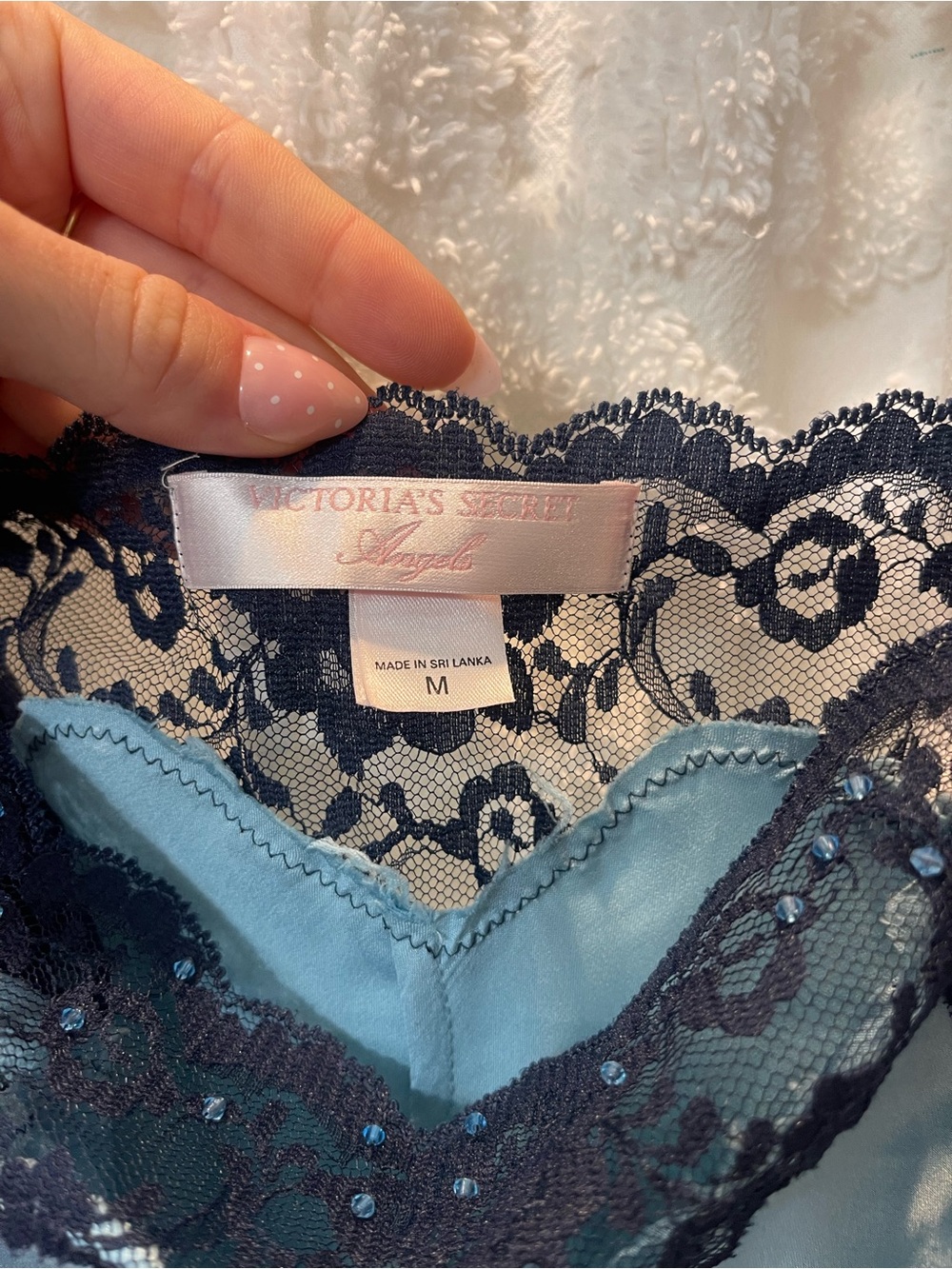 Victoria's Secret Light Blue Satin Slip Dress with Navy Lace Trim - Picture 4 of 6
